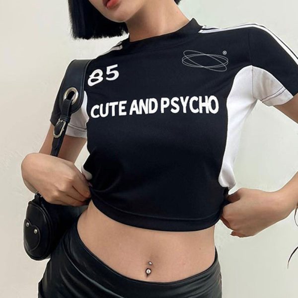 Early Summer Women Clothing Contrast Color Braid Small Loose Letter Graphic Printing Casual Crop Top Short Sleeve T shirt