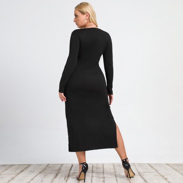 Plus Size Women  Clothing New Long Sleeve Split Knitted V-neck Sexy Slim Dress