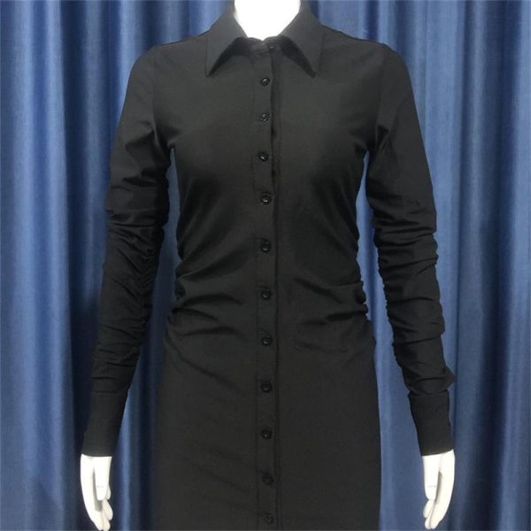 Women Clothing Autumn Knitted Single-Breasted Solid Color Collared Long Sleeve Slim Sheath Dress