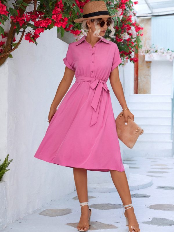 Spring Summer Women Clothing Shirt Lace up Dress