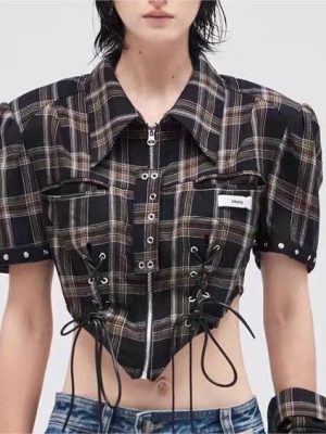 Sexy Lace up Shirt Women Clothing Trendy Zipper Waist Trimming Short Sleeved Shirt  Crisscross