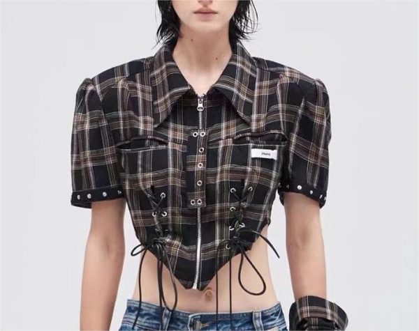 Sexy Lace up Shirt Women Clothing Trendy Zipper Waist Trimming Short Sleeved Shirt  Crisscross