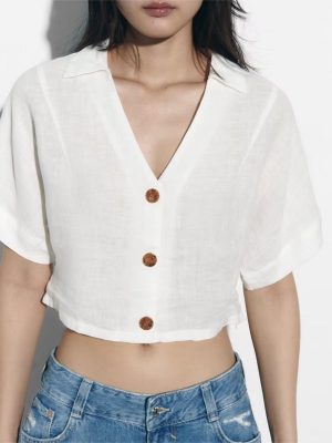 Summer Women Clothing Collared Short Sleeve Linen Blended Short Shirt