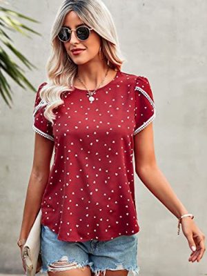 Women Clothing Print Lace Crochet Round Neck Shirt Short Sleeve Top