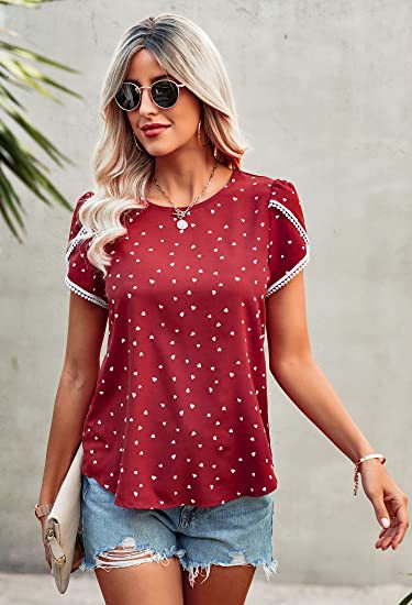 Women Clothing Print Lace Crochet Round Neck Shirt Short Sleeve Top