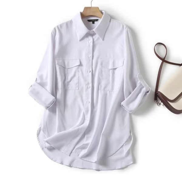 Summer Double Pocket Solid Color Long Sleeve Collared Shirt