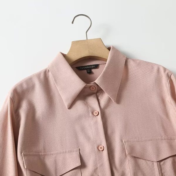 Summer Double Pocket Solid Color Long Sleeve Collared Shirt