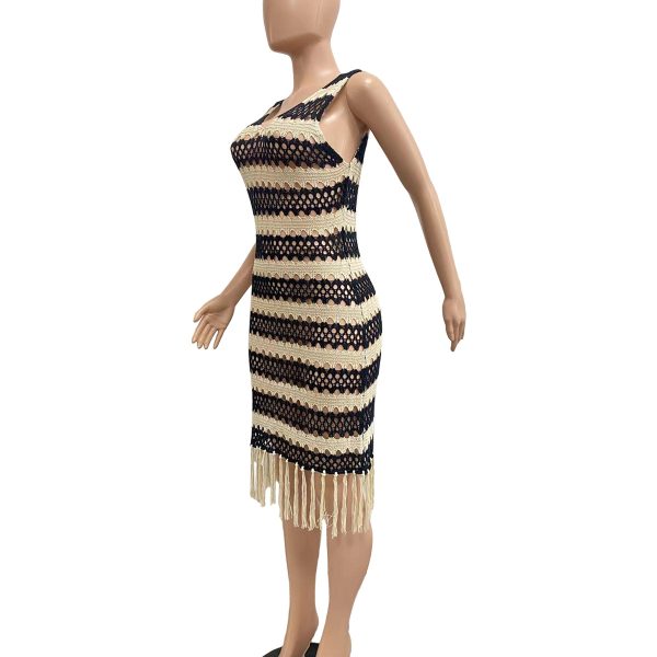 Sexy Sleeveless Knitted Crochet Tassel Beach Dress