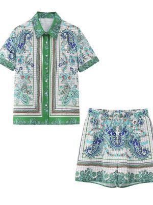 High Street Printed Shirt Suit Vintage Green Floral Full Printed Positioning Shirt Casual Cardigan Shorts Matching