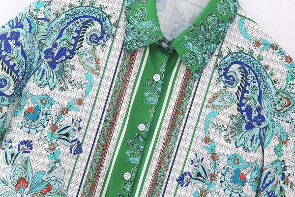 High Street Printed Shirt Suit Vintage Green Floral Full Printed Positioning Shirt Casual Cardigan Shorts Matching