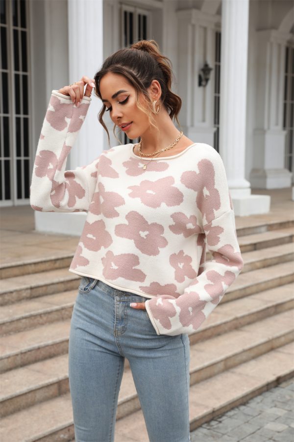 Early Autumn Women Clothing Long Sleeve Short Floral Sweater Pullover Sweater