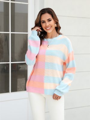 Fall Women Clothing Patchwork Stripes Contrast Color round Neck Knitwear Pullover Sweater