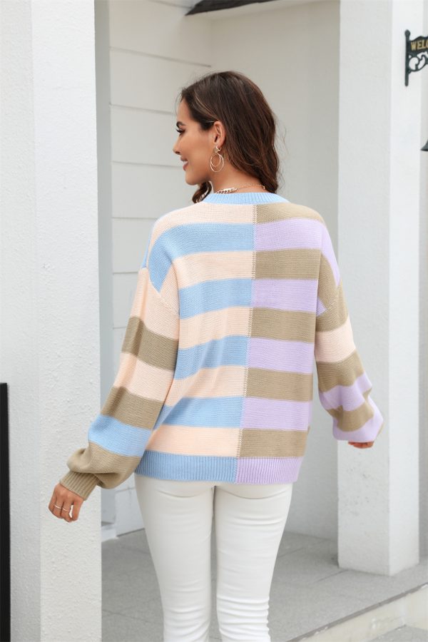 Fall Women Clothing Patchwork Stripes Contrast Color round Neck Knitwear Pullover Sweater