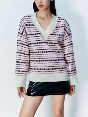Women Clothing Jacquard Loose Fitting V neck Sweater Sweater