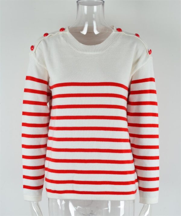 Autumn Winter Pullover Patchwork Button Sweater Striped Stitching Knitwear