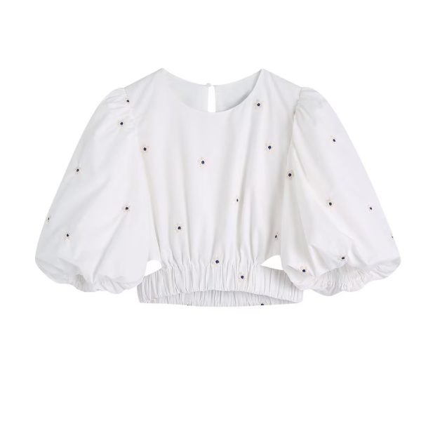 Spring Summer Korean Embroidery Puff Sleeve Top Fresh Sweet T-shirt Waist Elastic Band cropped Women Clothing