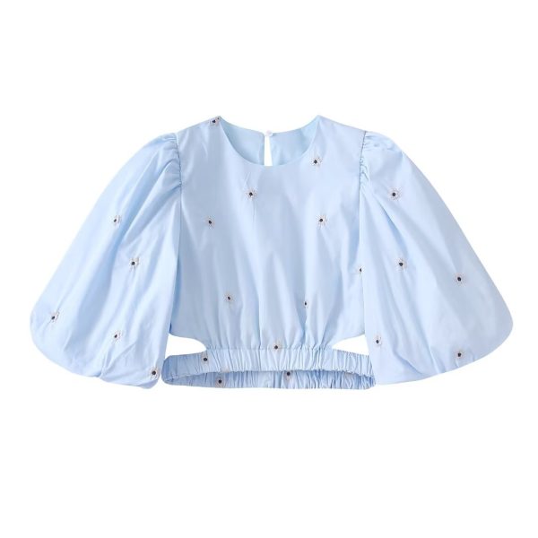 Spring Summer Korean Embroidery Puff Sleeve Top Fresh Sweet T-shirt Waist Elastic Band cropped Women Clothing