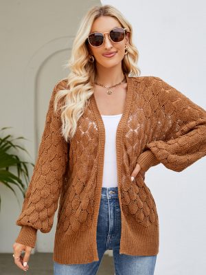 Loose Lazy Mid Length Sweater Coat Women Clothing Design Hollow Out Cutout Out Knitted Sweater Cardigan
