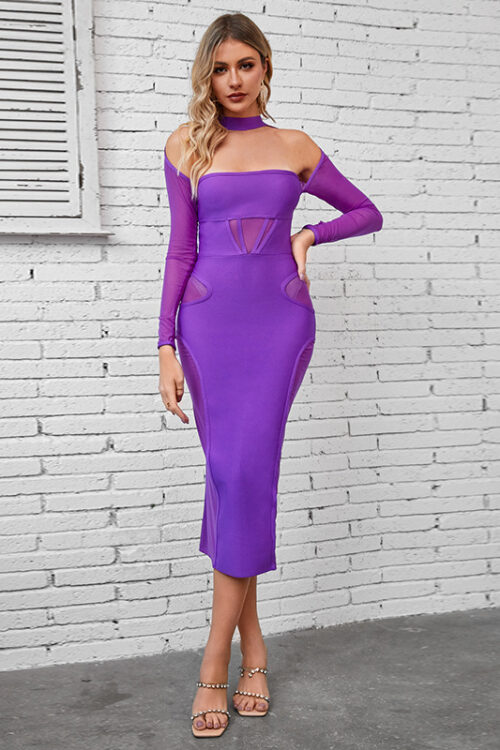 Spring Autumn Long Sleeve Slimming Tight Cutout Mesh Bandage One Piece Dress off Shoulder Tube Top Niche Dress