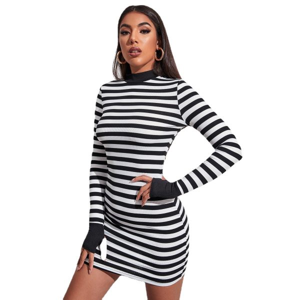 Women Clothing Sexy Slim Dress Minimalist Long Sleeve round Neck Slim Black White Stripe Dress Summer