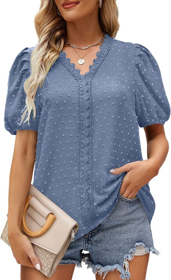 Summer Women Clothing V Neck Lace Dot Puff Short Sleeve Chiffon Shirt