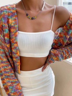Spring Autumn Sweater Coat Rainbow Kuose Buckle Free Women Knitted Cardigan