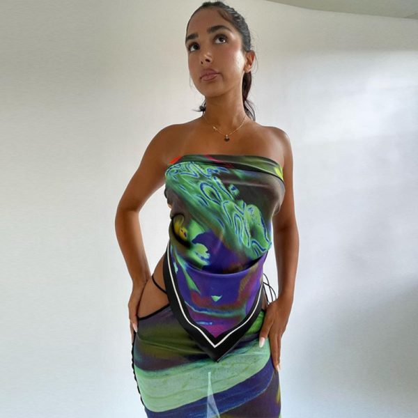 Women Clothing Summer Pattern Print Backless Lace up Tube Top Sheer Mesh Skirt Set