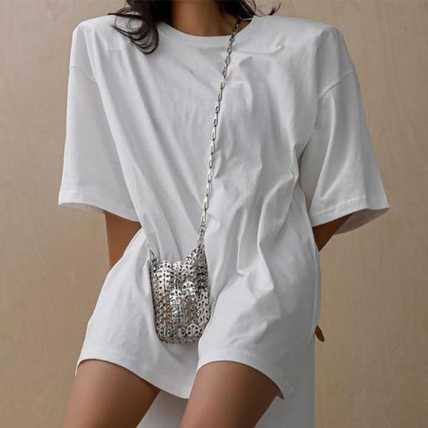 Women Clothing Summer Loose Casual Round Neck Mid Length Short Sleeve Padded Shoulder T Shirt Women