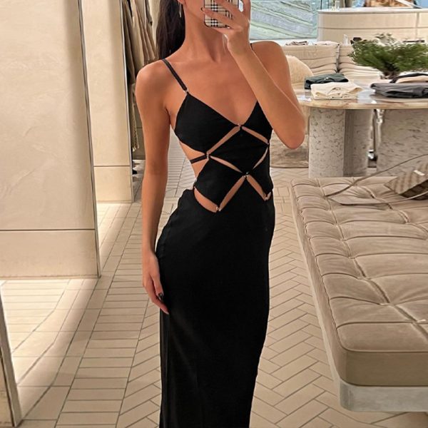 Women Clothing Summer Sexy Solid Color Slim Fit Backless Strap Dress