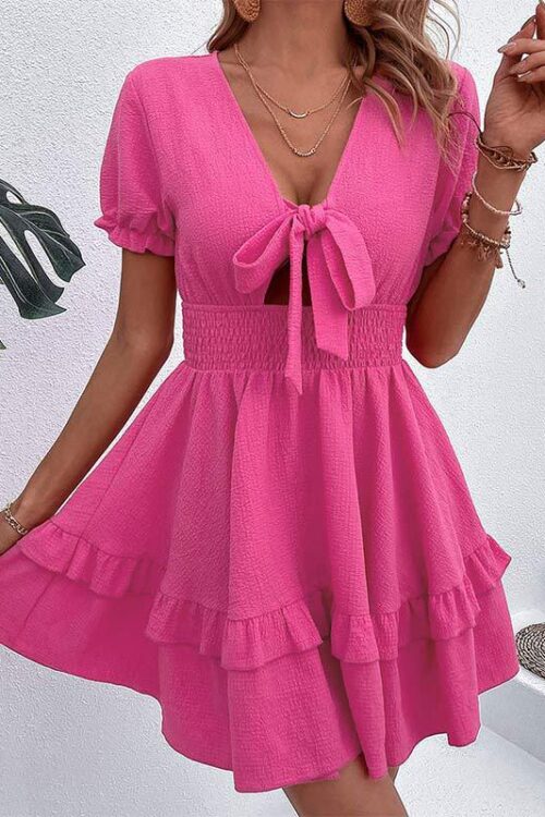 Summer Rose Red Hollow Out Cutout Lace up Waist Dress