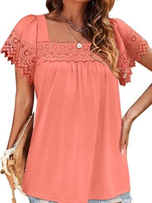 Summer Women Clothing Square Collar Lace Stitching Short Sleeved Casual T Shirt