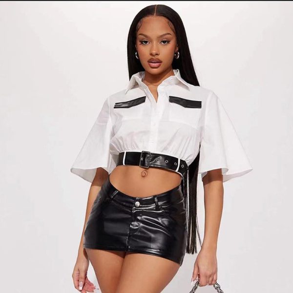 Summer Women Faux Leather Color Contrast Patchwork Collared Button Pocket Belt Heavy Industry Loose Street Short Shirt