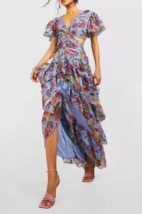 Summer French Printed V neck Cropped Outfit Embroidered Cuffs Waist Slimming Irregular Asymmetric Dress