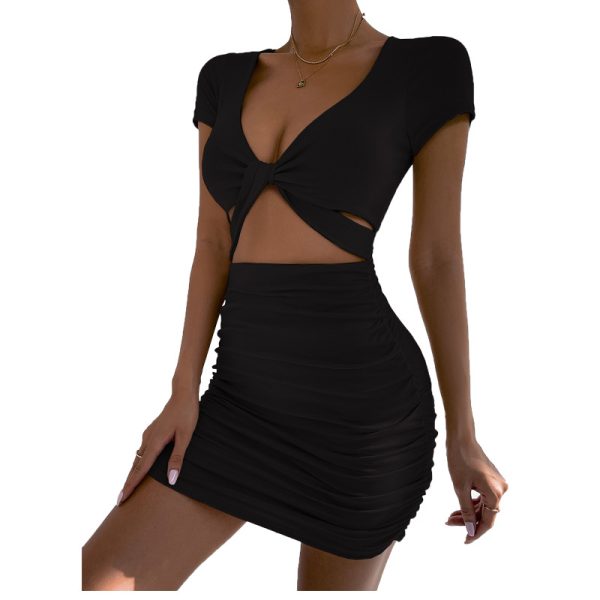 Women Clothing Short Sleeve Summer Sexy V-neck Cropped Outfit Sheath Dress Twisted