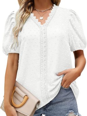 Summer Women Clothing V Neck Lace Dot Puff Short Sleeve Chiffon Shirt