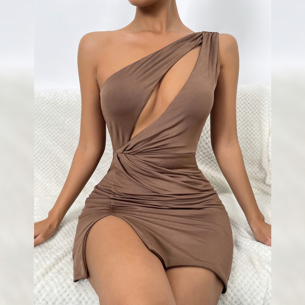 Summer Split Sleeveless Women Hip  Sexy Hollow Out Cutout Diagonal Collar Dress