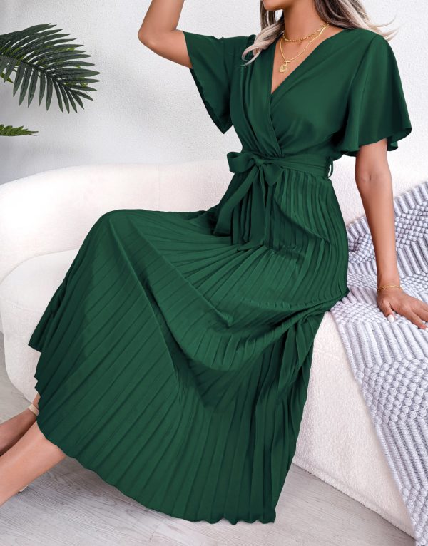 Spring Summer Elegant Criss Cross V-neck Swing Pleated Dress Women Clothing