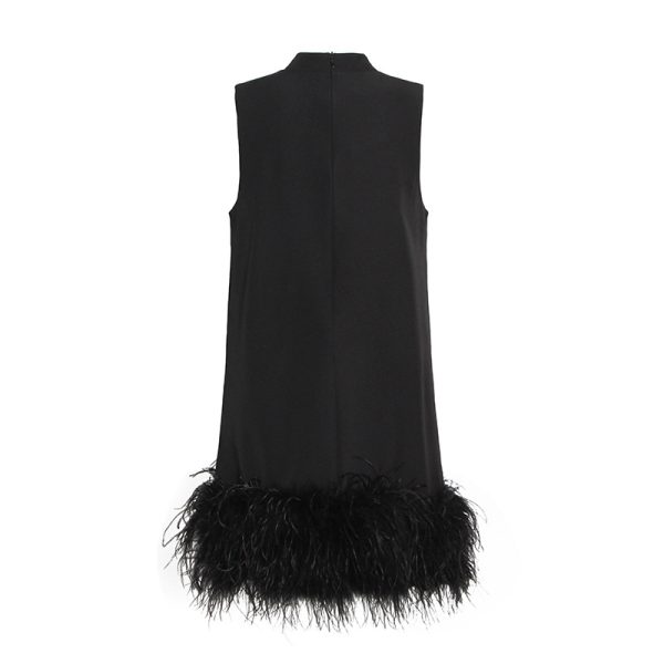 Australian Brand Design Short  Autumn Stand Collar Sleeveless Solid Color Stitching Hem Feather Dress