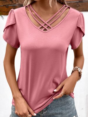 Women Summer Sexy Deep V Plunge neck Short-Sleeved T-shirt Women