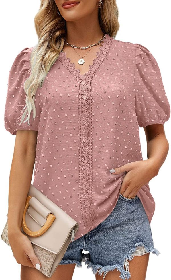 Summer Women Clothing V Neck Lace Dot Puff Short Sleeve Chiffon Shirt