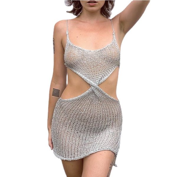 Women Clothing New Sexy See-through Low Waist Pleated Mini Strap Dress for Women