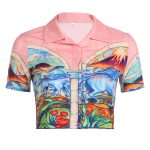 Stylish Beach Vacation Printed Color Contrast Short Cropped Collared Short Sleeve Printed Shirt Top