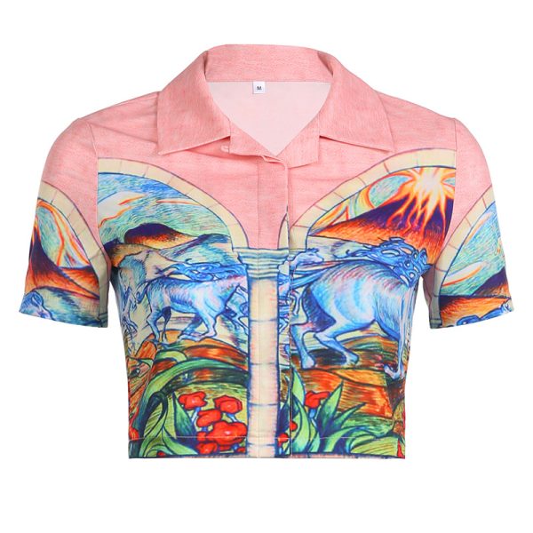 Stylish Beach Vacation Printed Color Contrast Short Cropped Collared Short Sleeve Printed Shirt Top