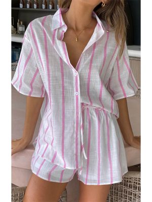 Spring Summer Striped Printed Short Sleeve Shirt Shorts Suit Beach Casual Two Piece Suit Women  Clothing