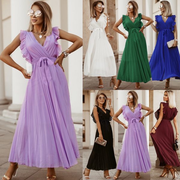 Elegant Beach Dress Fashionable Slim-Fit Sexy Ruffle Sleeve Chiffon Pleated  Solid Color Dress