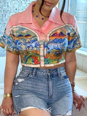 Stylish Beach Vacation Printed Color Contrast Short Cropped Collared Short Sleeve Printed Shirt Top