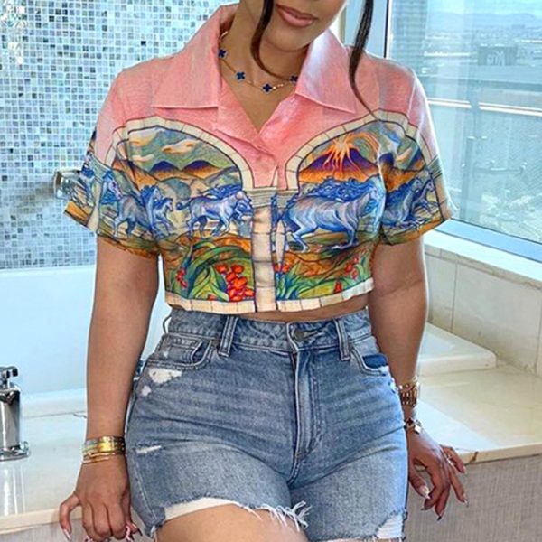 Stylish Beach Vacation Printed Color Contrast Short Cropped Collared Short Sleeve Printed Shirt Top