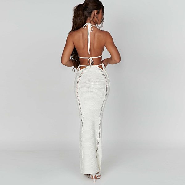 Sexy Street Wrapped Chest Hollow Out Cutout out Stitching Self Tie Skirt Set