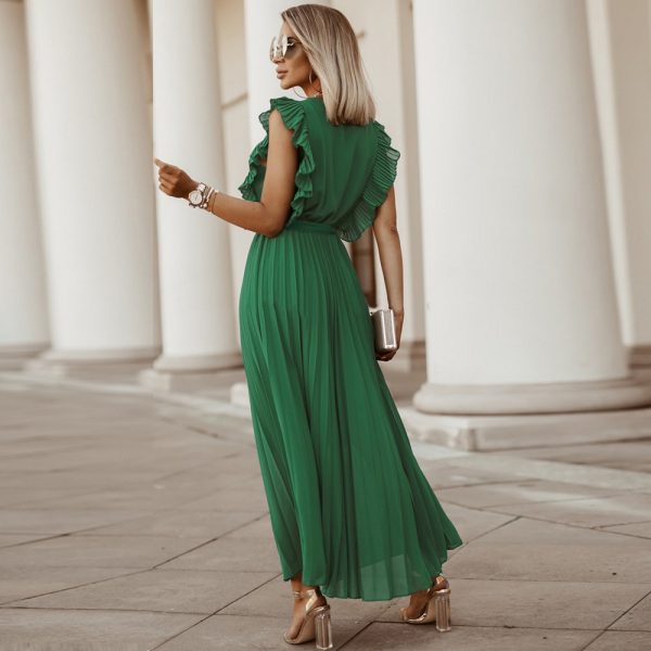 Elegant Beach Dress Fashionable Slim-Fit Sexy Ruffle Sleeve Chiffon Pleated  Solid Color Dress
