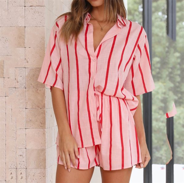 Spring Summer Striped Printed Short Sleeve Shirt Shorts Suit Beach Casual Two Piece Suit Women  Clothing